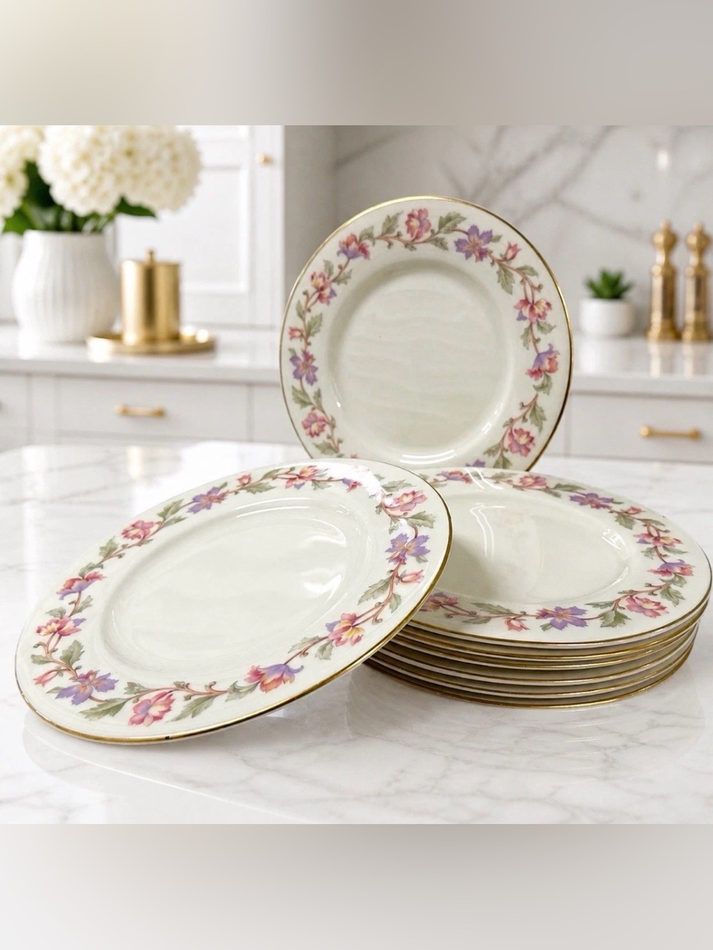 Castleton Fantasy Salad Plates 8 3/8” Floral Gold Trim USA Set of 8 Vintage Mint